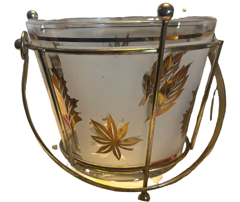 Vintage Mid Century Libby Gold Leaf Ice Bucket W Carrier